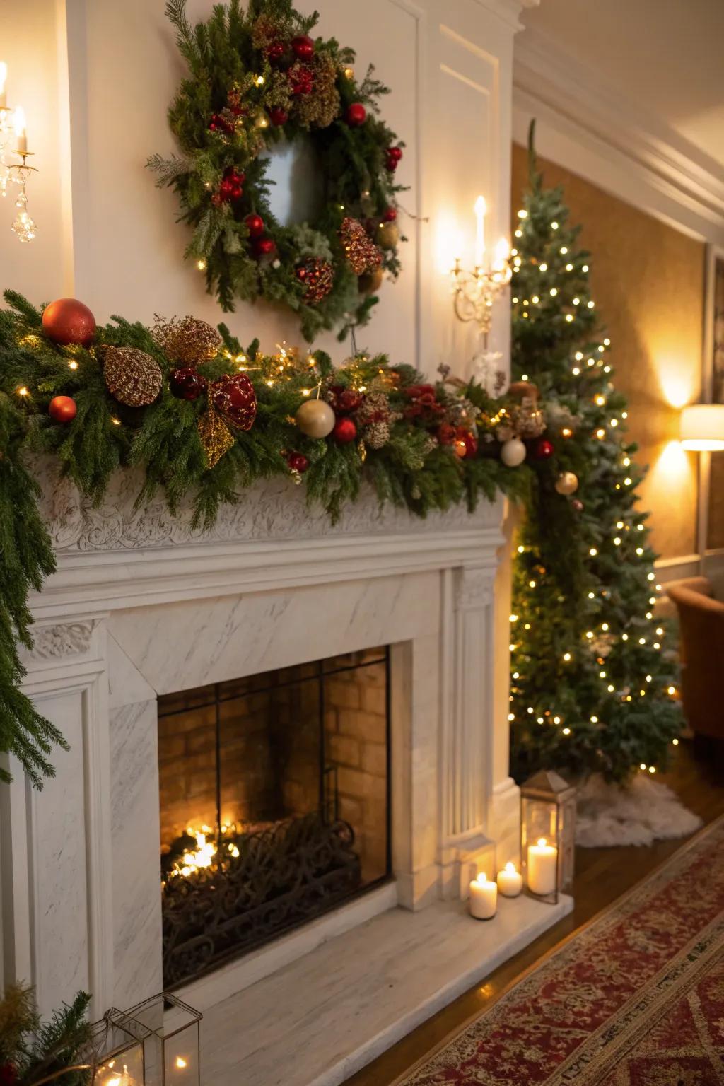 A cozy mantel decorated with garlands and fairy lights.