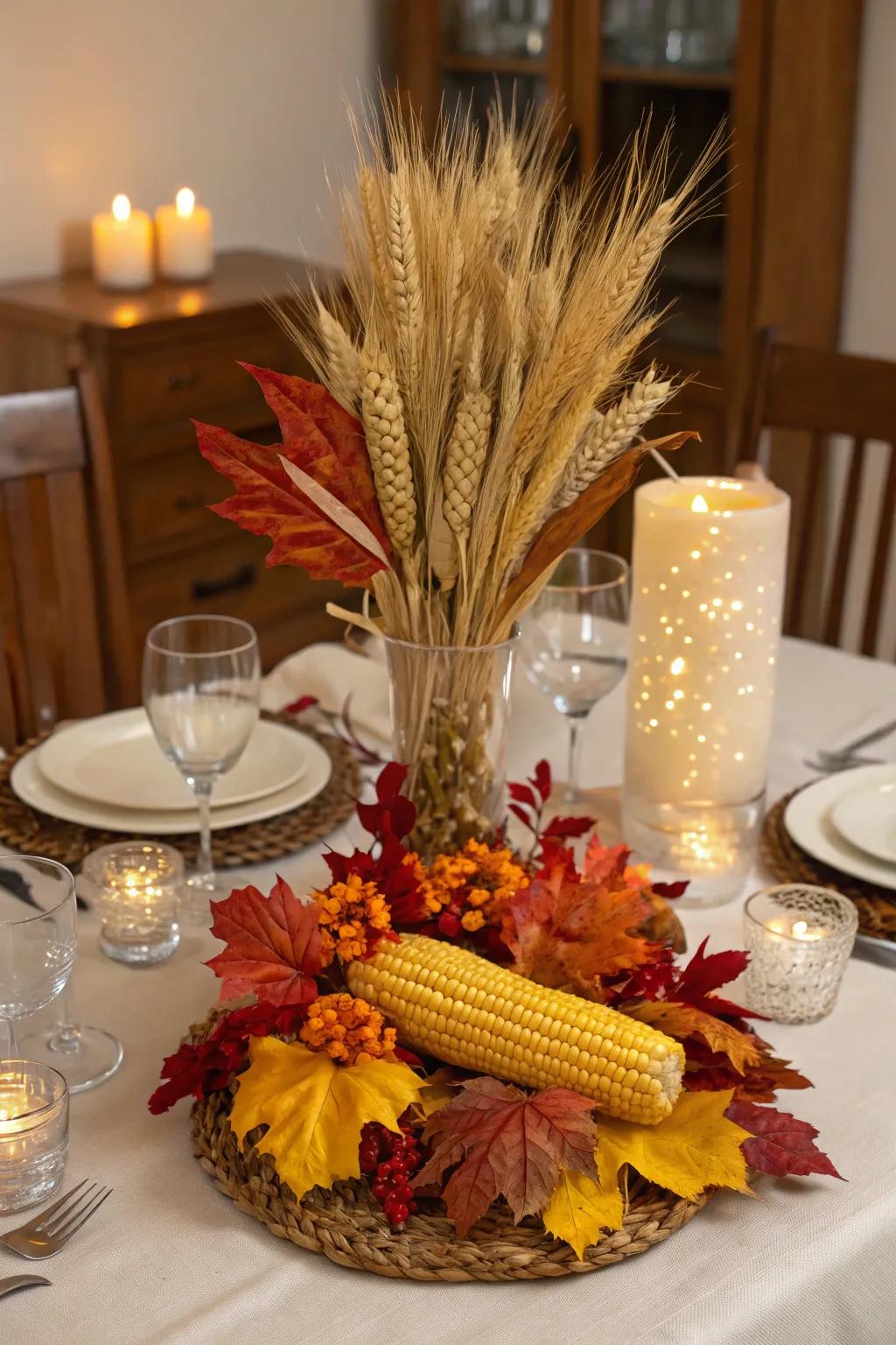 A harvest-themed centerpiece abundant with seasonal bounty.
