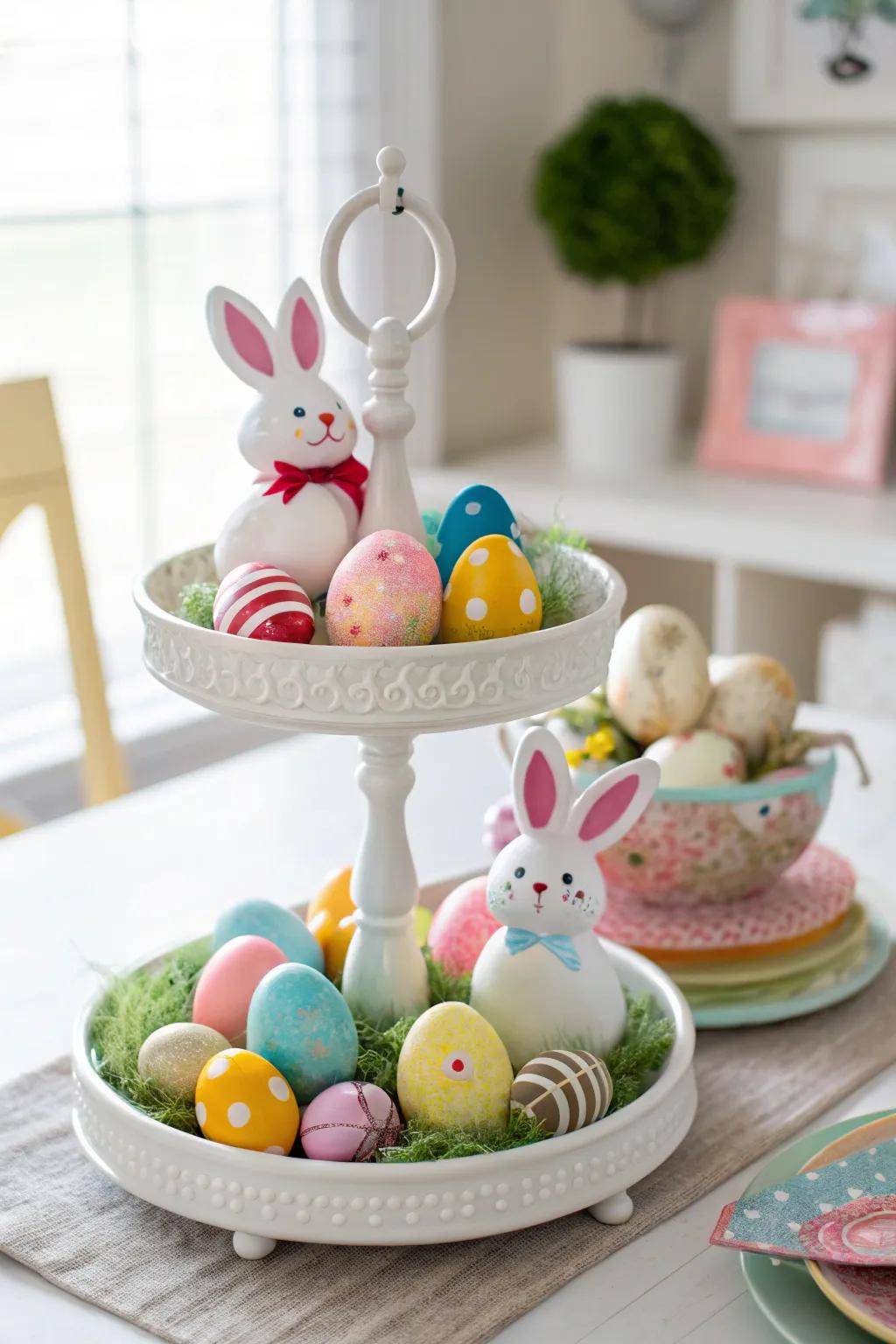 An Easter-themed tiered tray is filled with joy and color.