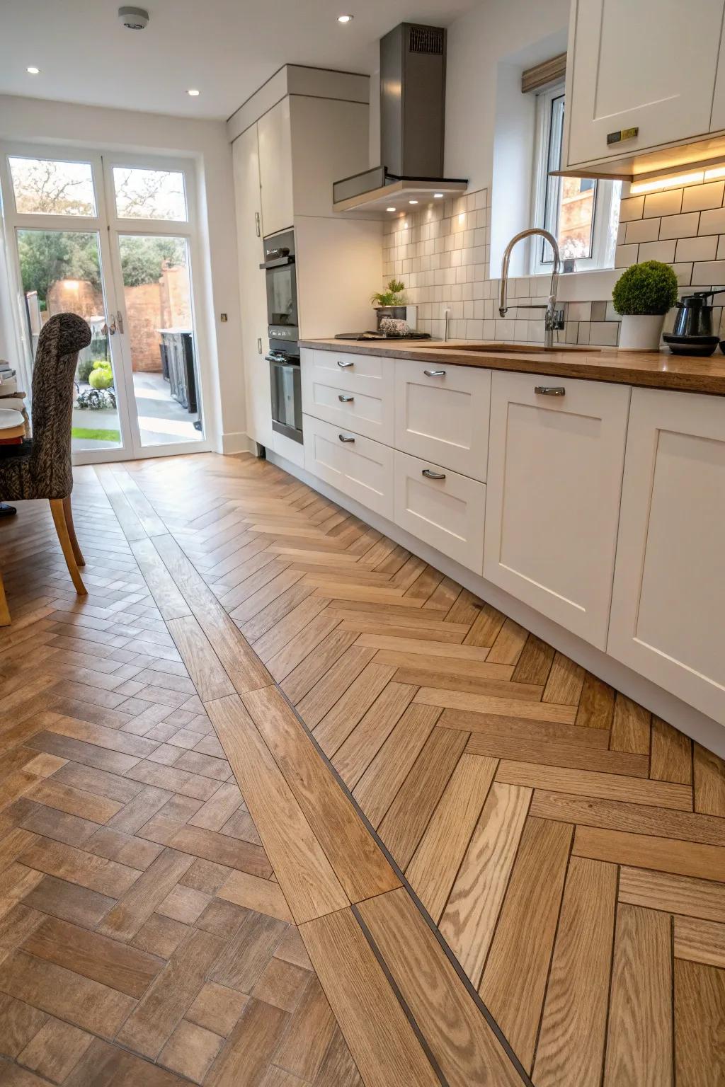 Herringbone tiles transition elegantly into timber flooring.