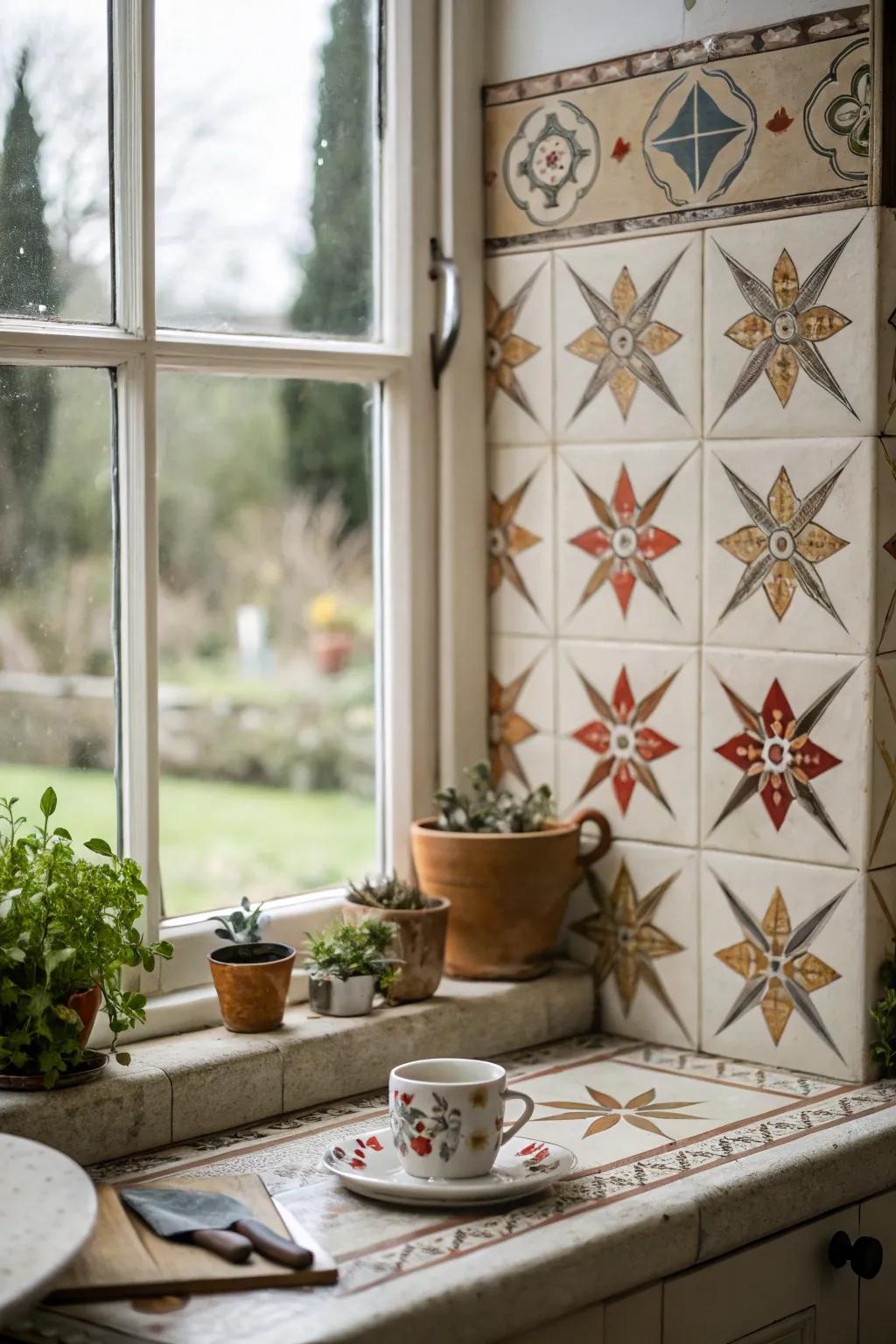 Vintage star tiles contribute personality and nostalgic charm to this cooking area windowsill.