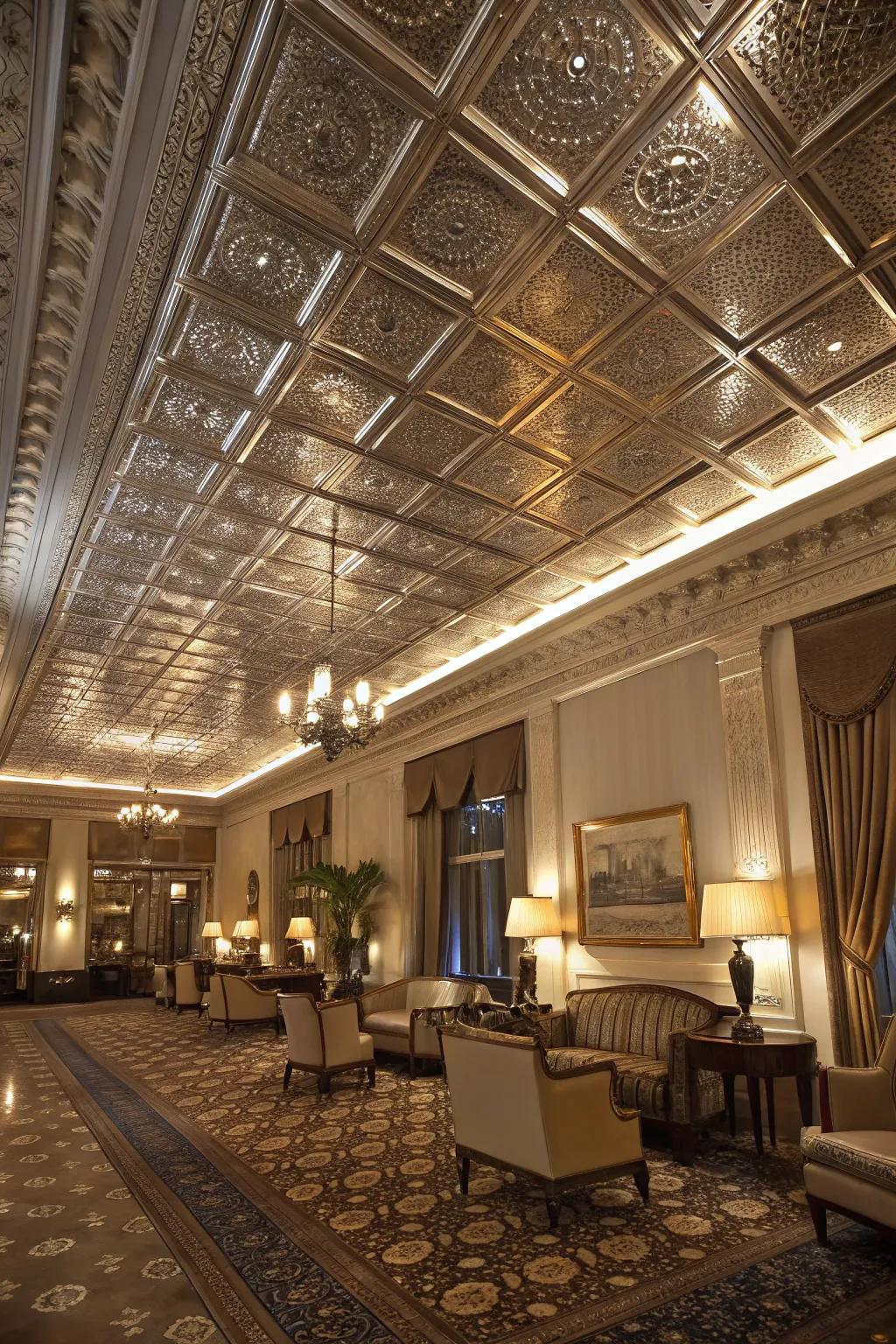 High-sheen metallic ceilings introduce opulence and illumination.