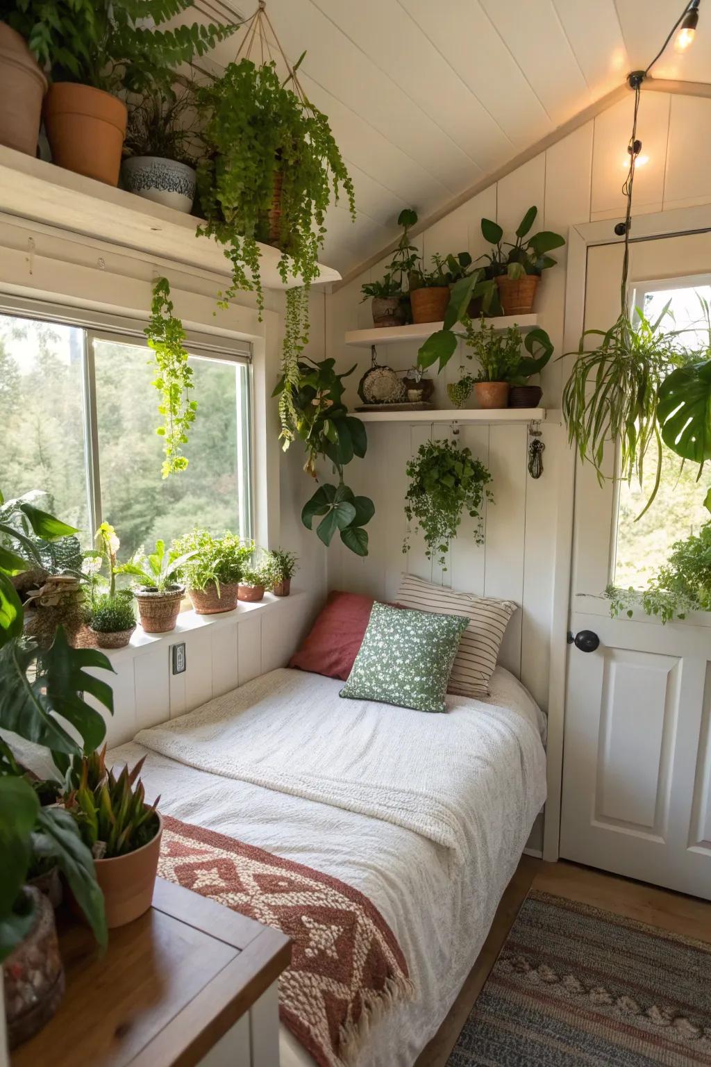 Plants adding a fresh and welcoming touch to the small sleeping space.