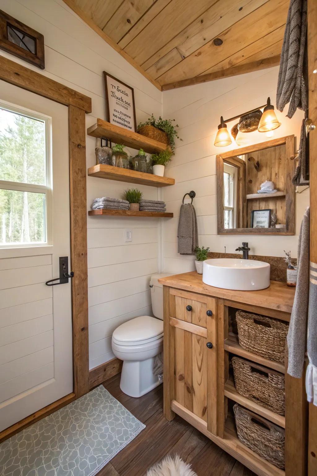 Country-style wood accents bring warmth to this small bathroom.