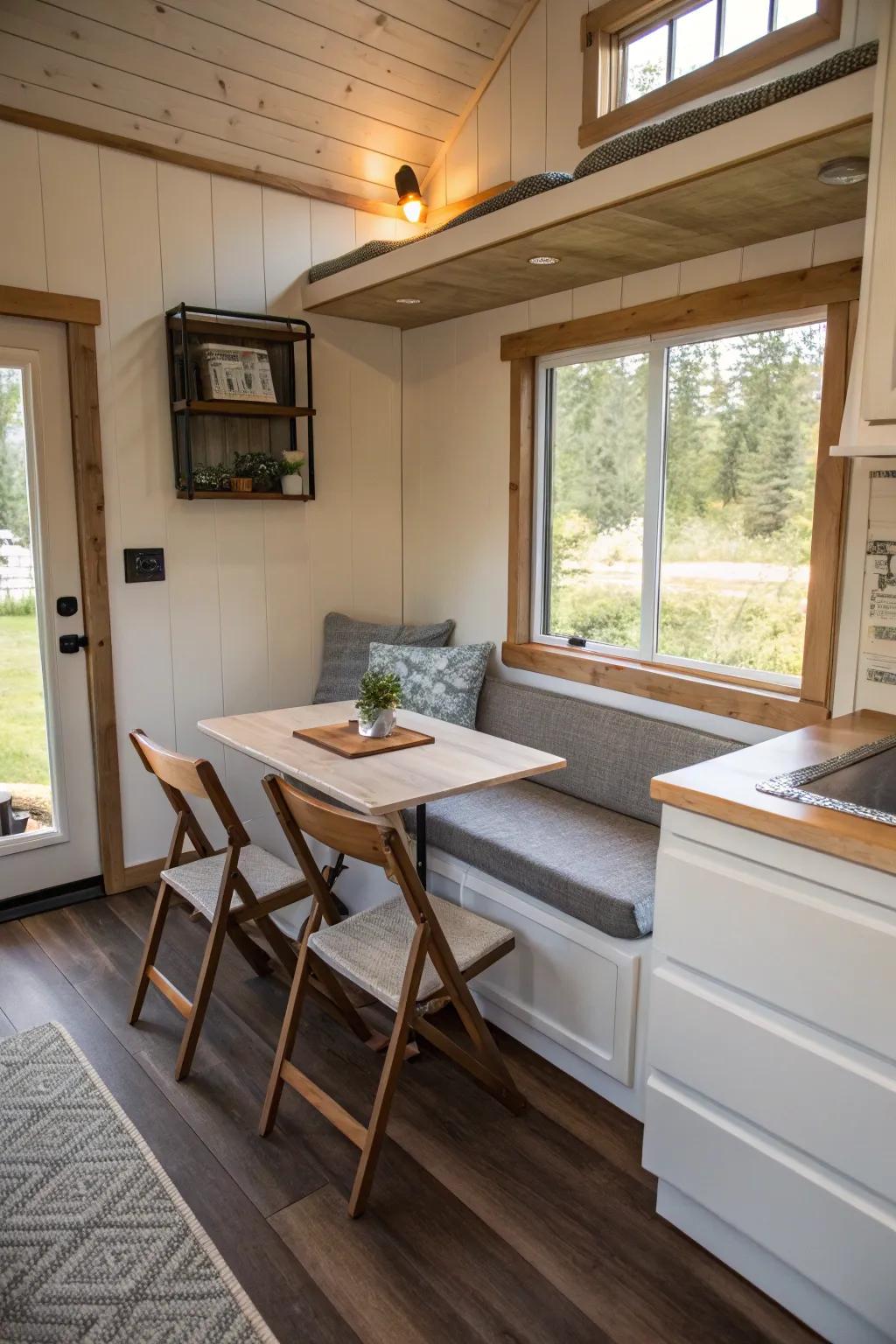 Integrated seating and dining solutions offer flexibility in tiny homes.