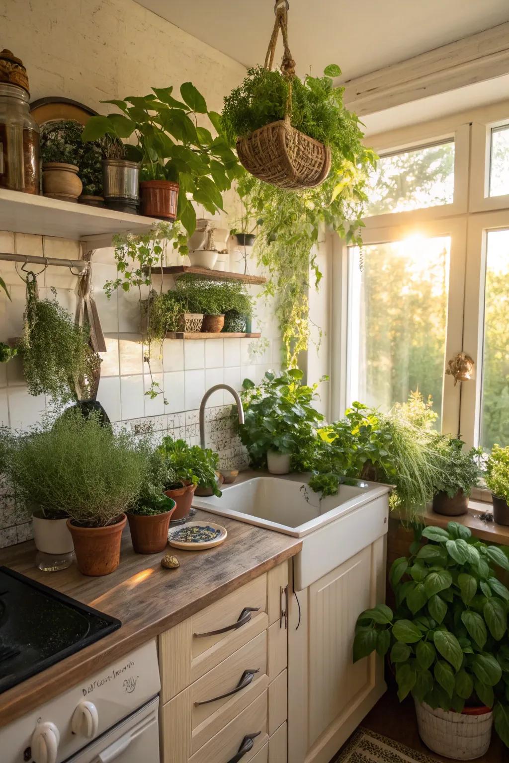 Adding plants brings vibrancy and freshness to a small kitchen.