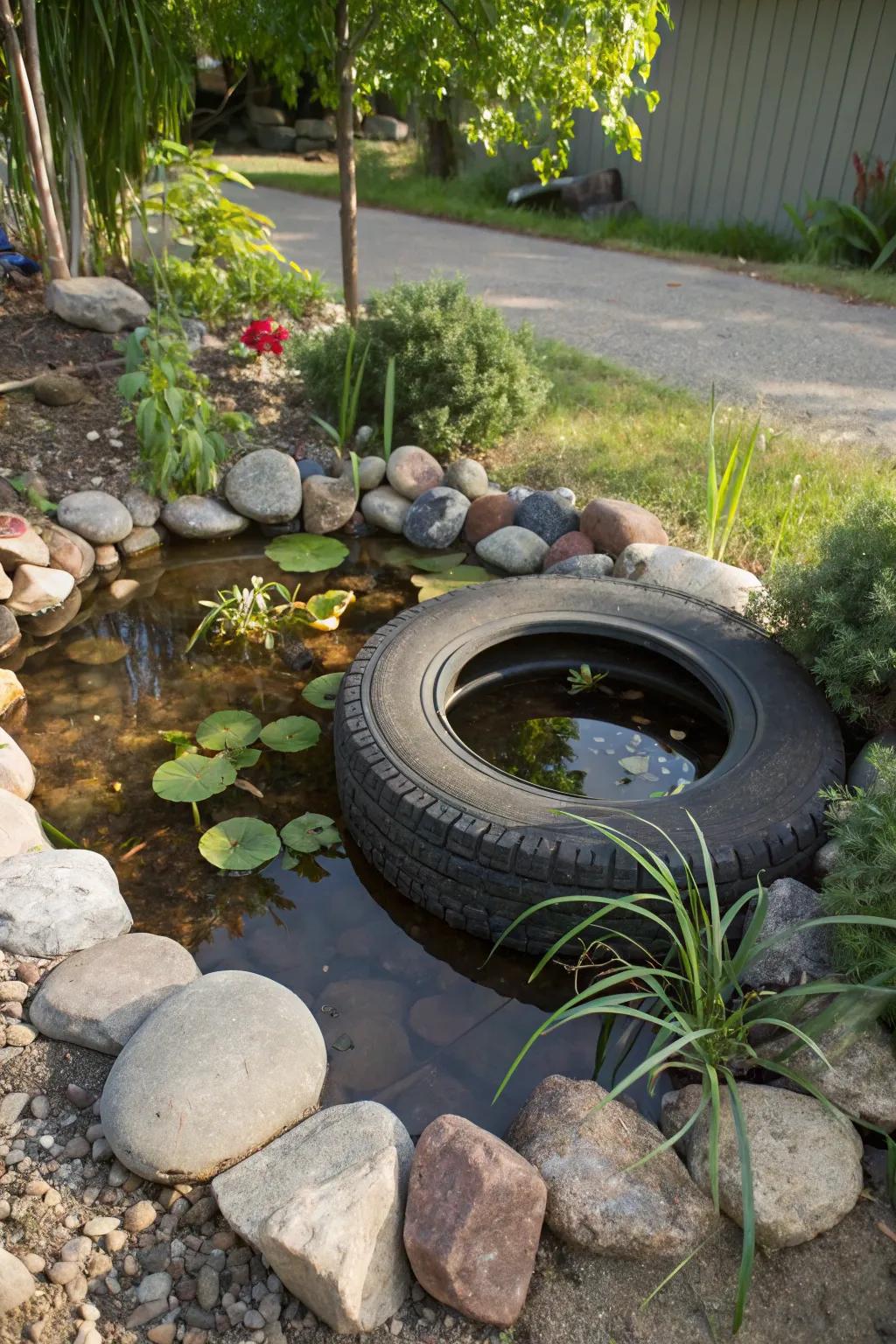 A subterranean tire pond that integrates naturally alongside the garden.