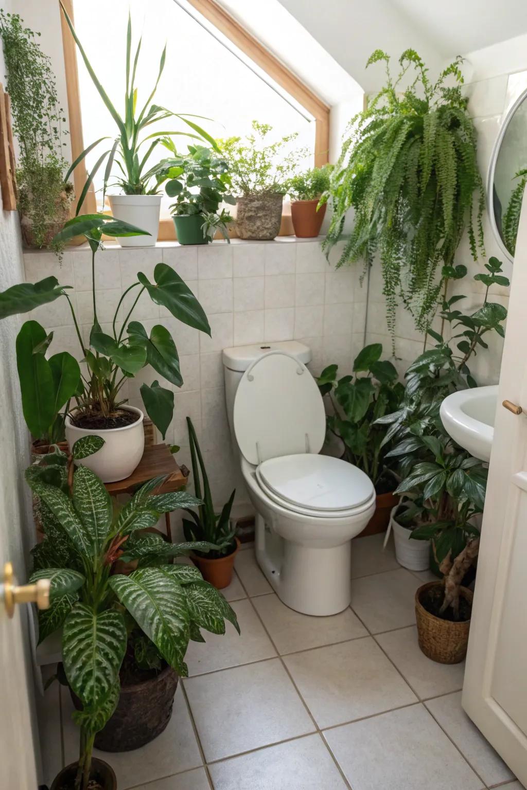 A fresh and natural ambiance with interior flora in a lavatory.