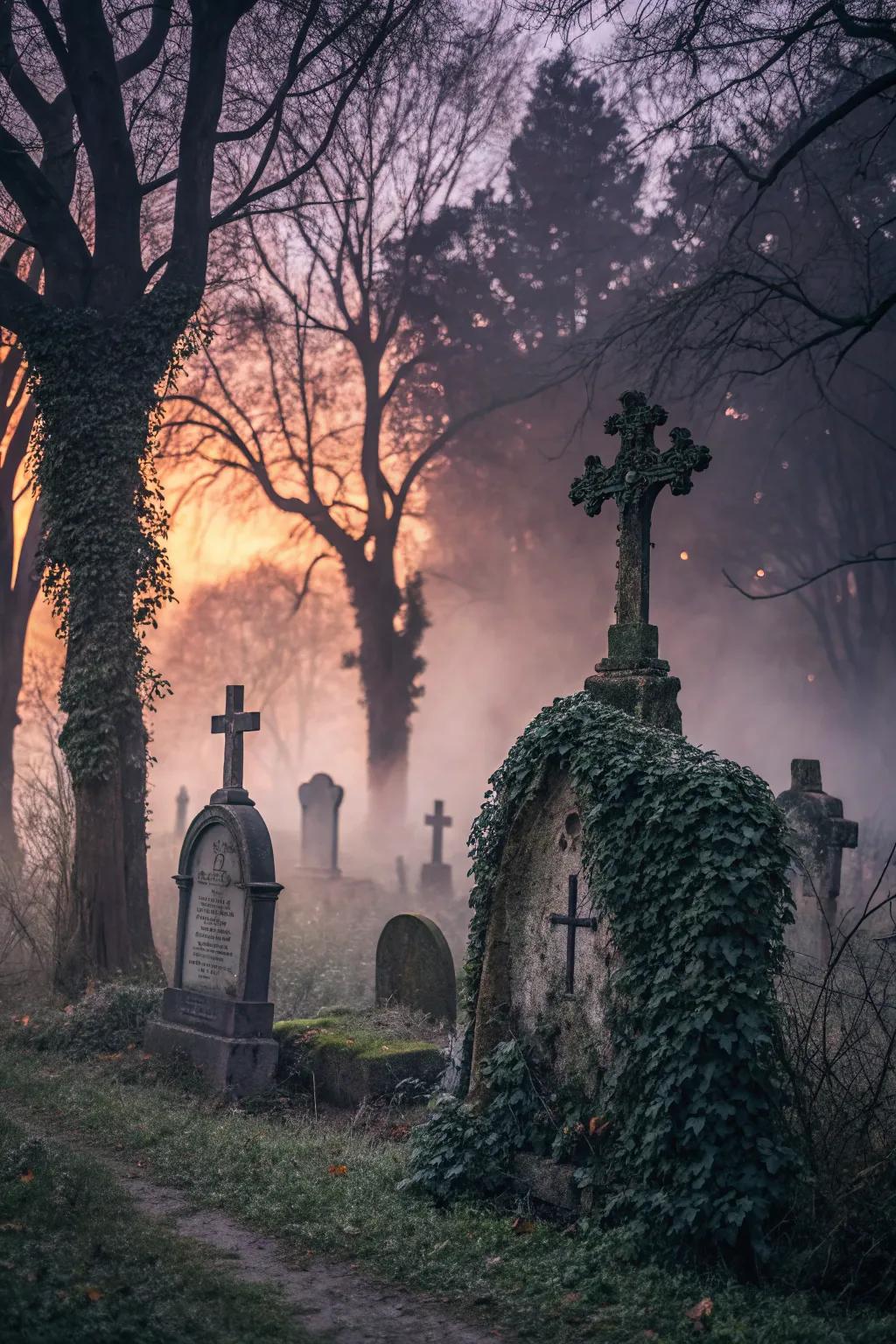 Traditional gravestone outlines summon conventional cemetery iconography.