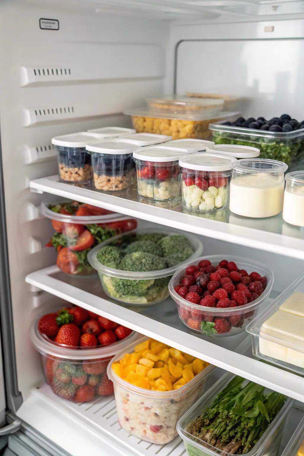 Similar food products grouped inside a top freezer, each on separate shelves for easy inventory management.