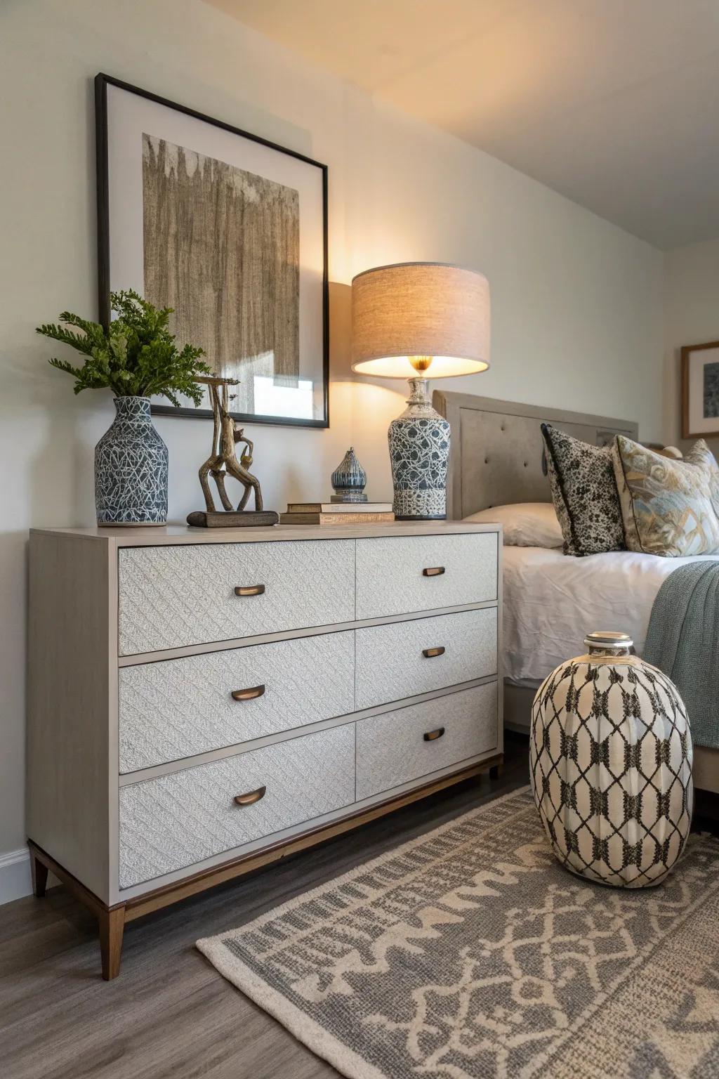 Decorative objects bring artistic expression to a dresser.