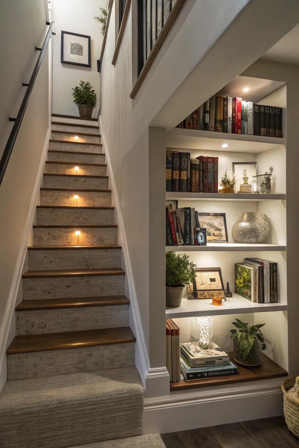 Shelves furnish a chic display expanse at the zenith of staircases.