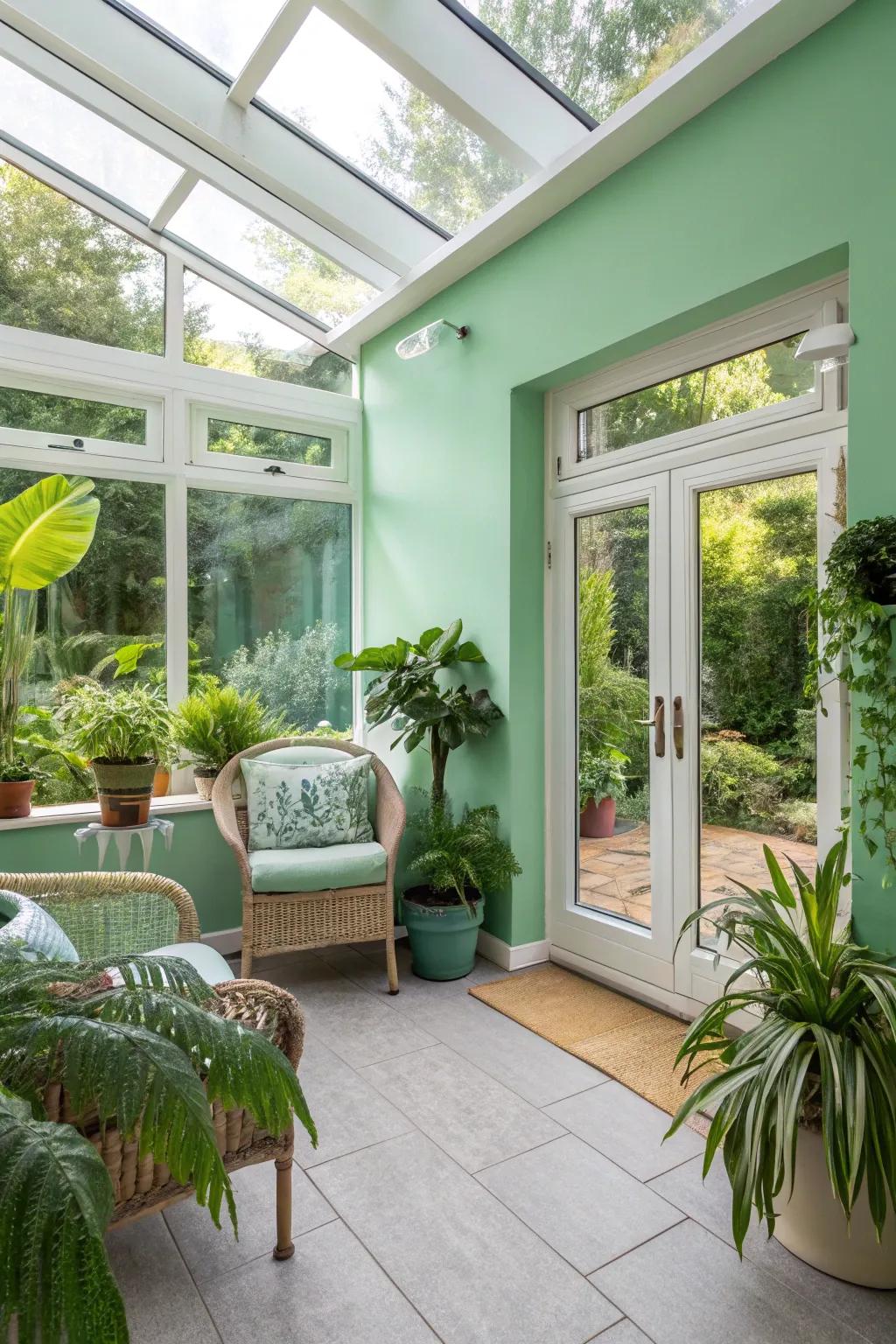 Spring green walls presenting a refreshing and lively sunroom environment.