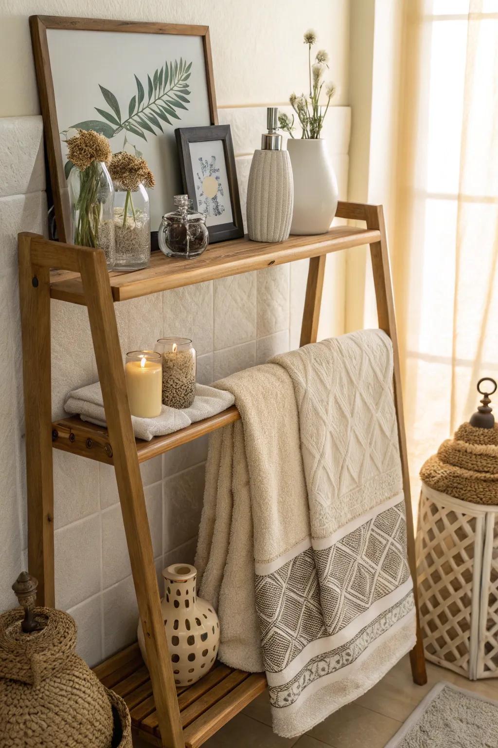 Mix storage and style with a towel hanger that features a built-in ledge.