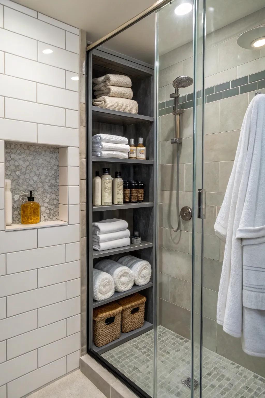 Shelves in the wall fit perfectly into small bathroom designs.