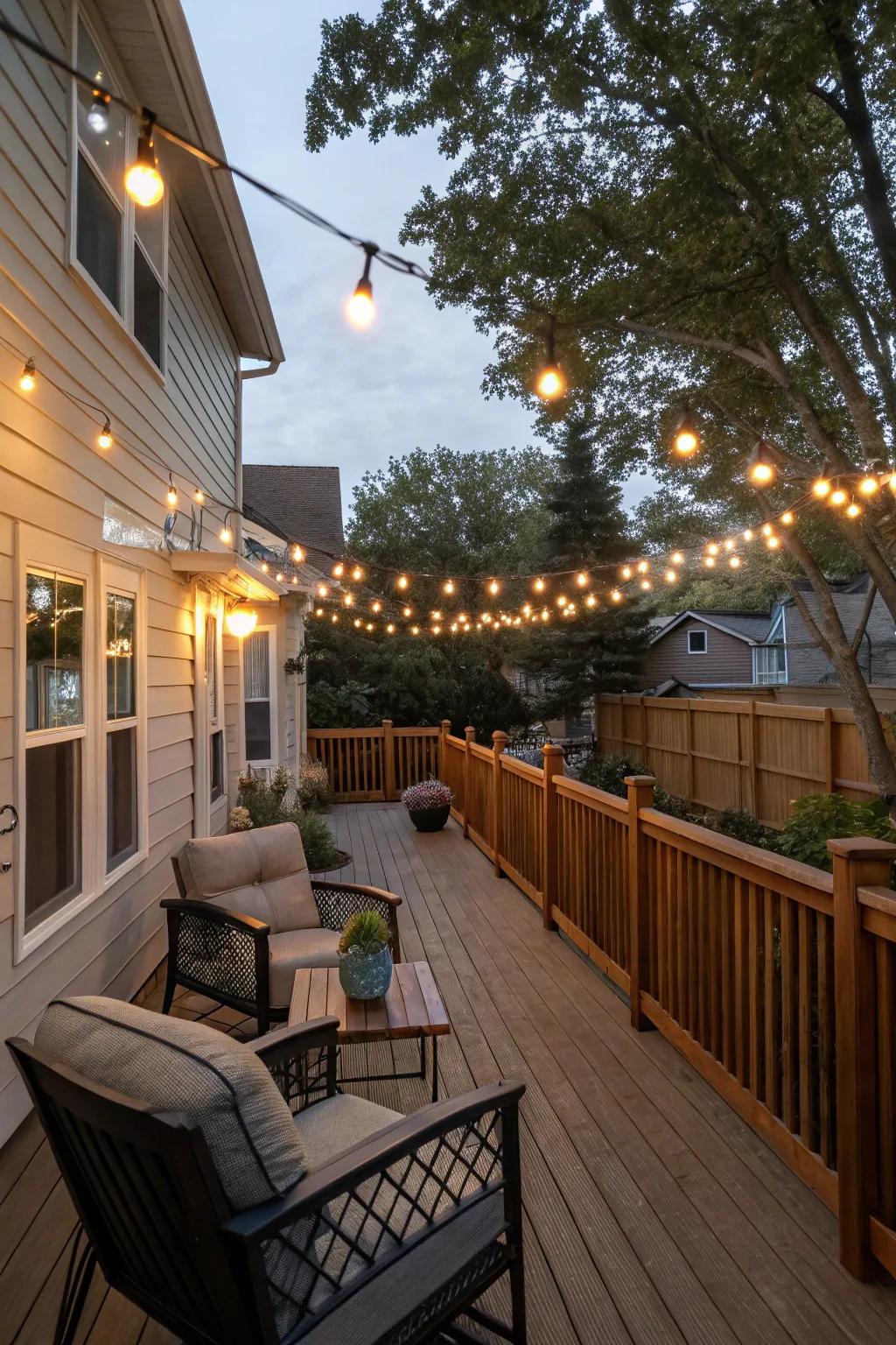 Twinkle lights add an enchanting glow for evenings spent outdoors.