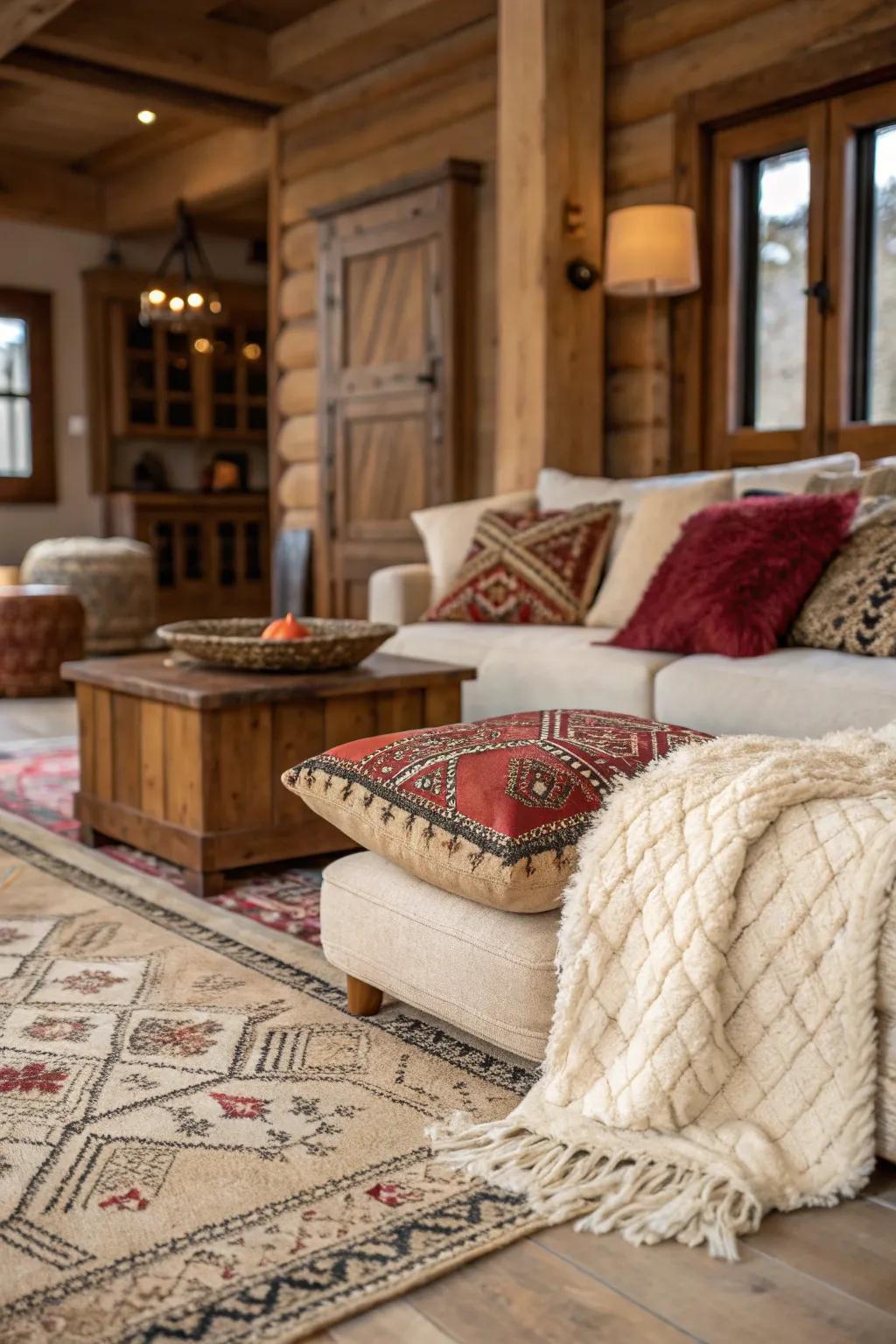 A blend of textures adds depth to this traditional relaxation space.