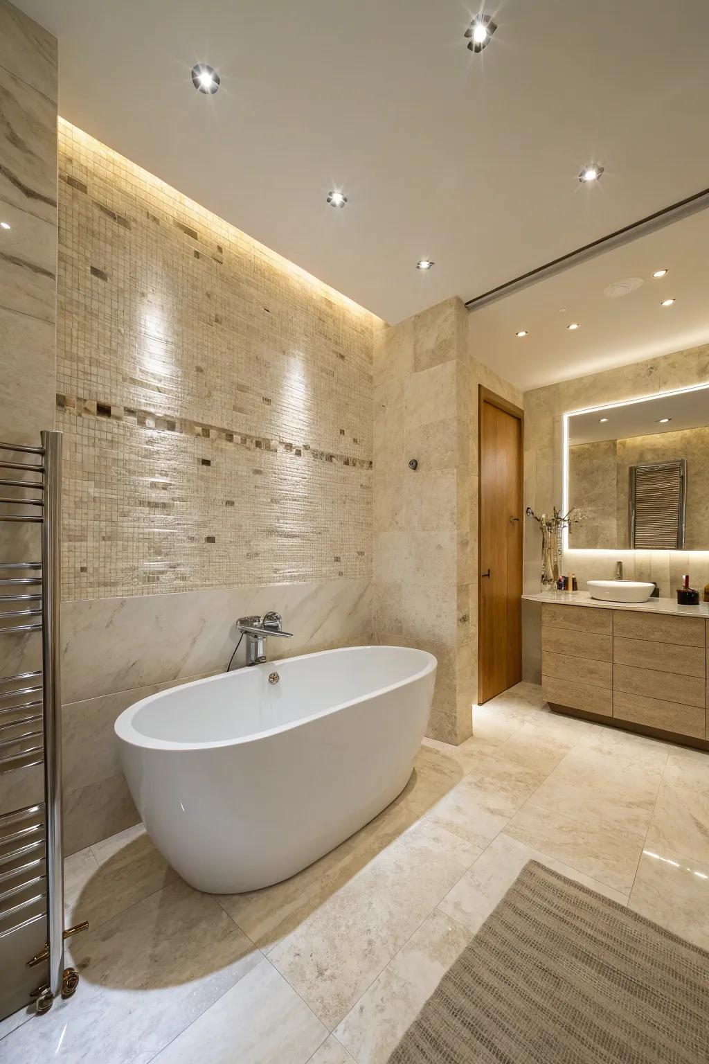 A tranquil travertine bathroom with ambient lighting that enhances the stone's natural textures.