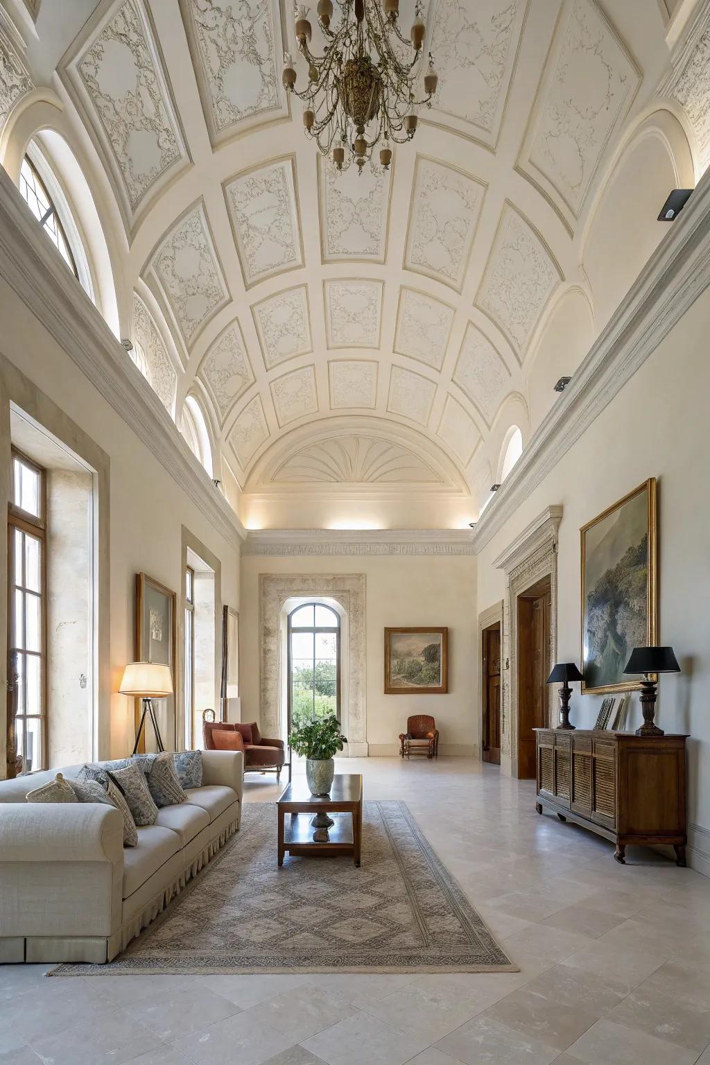 An expansive room featuring a high tray ceiling.