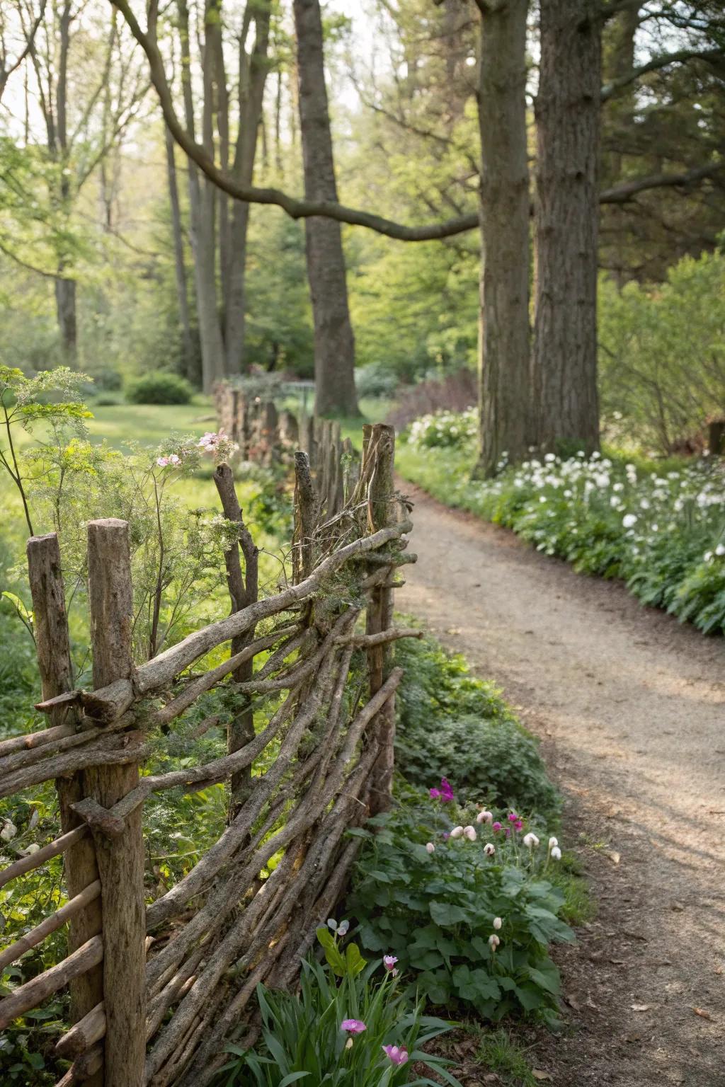 A branch fence radiates rustic charm in any garden.