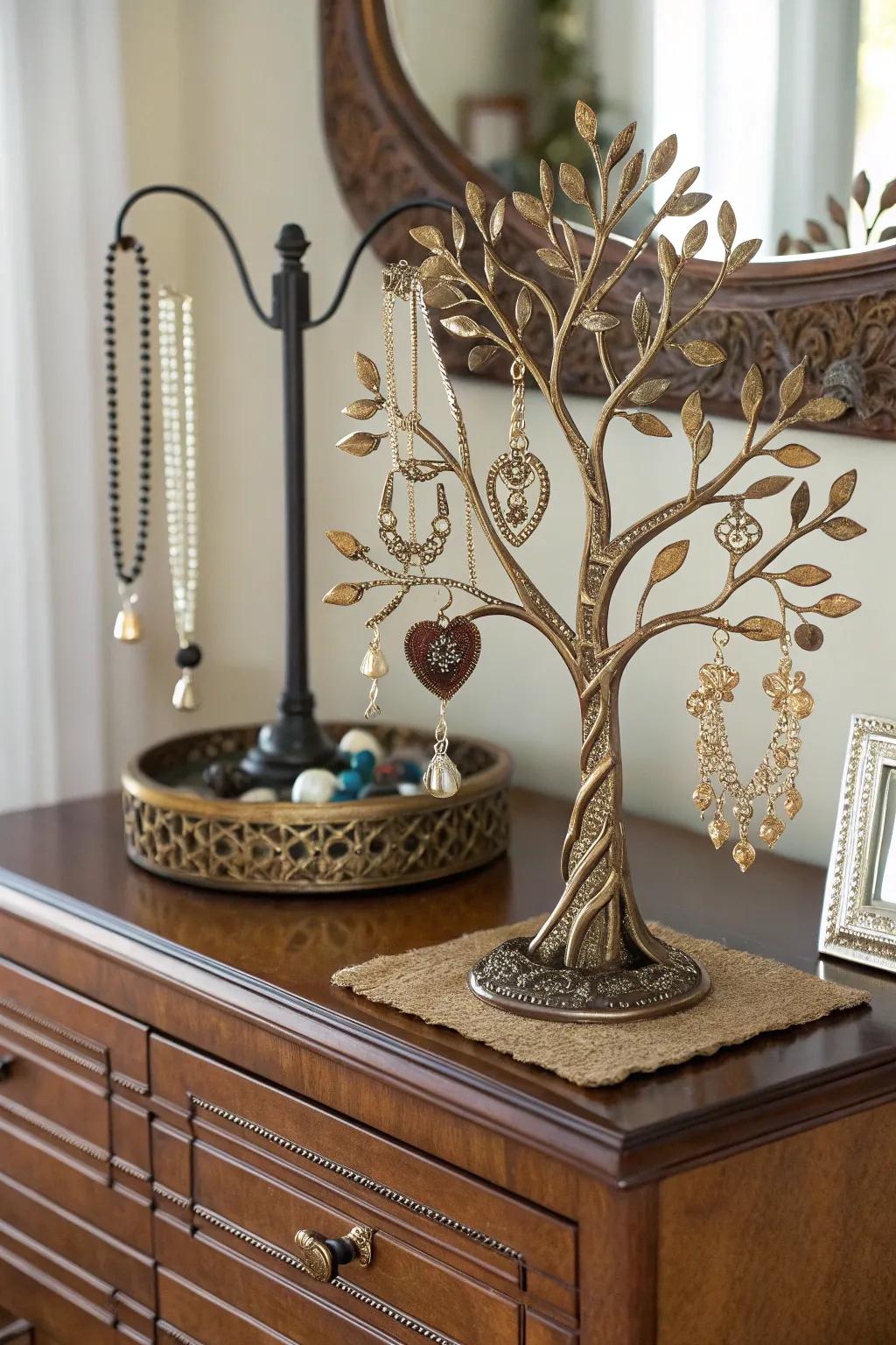 An elegant Arbor Vitae jewelry tree keeps treasures sorted on a dresser.
