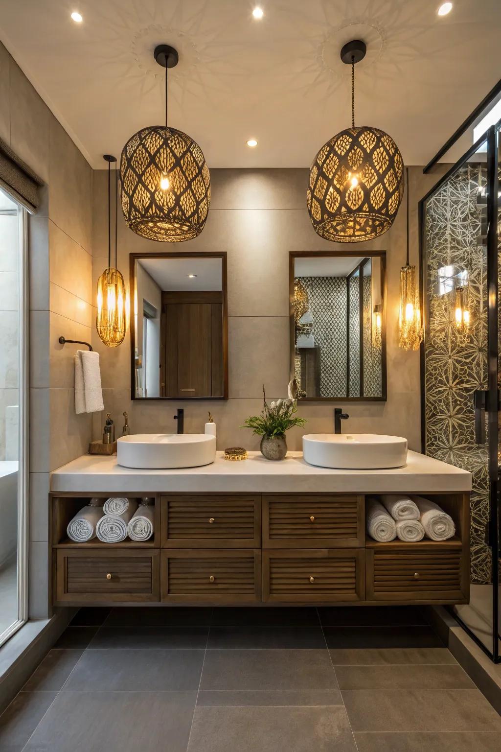 A bathroom featuring varied lighting above the vanity for an inviting, warm ambiance.