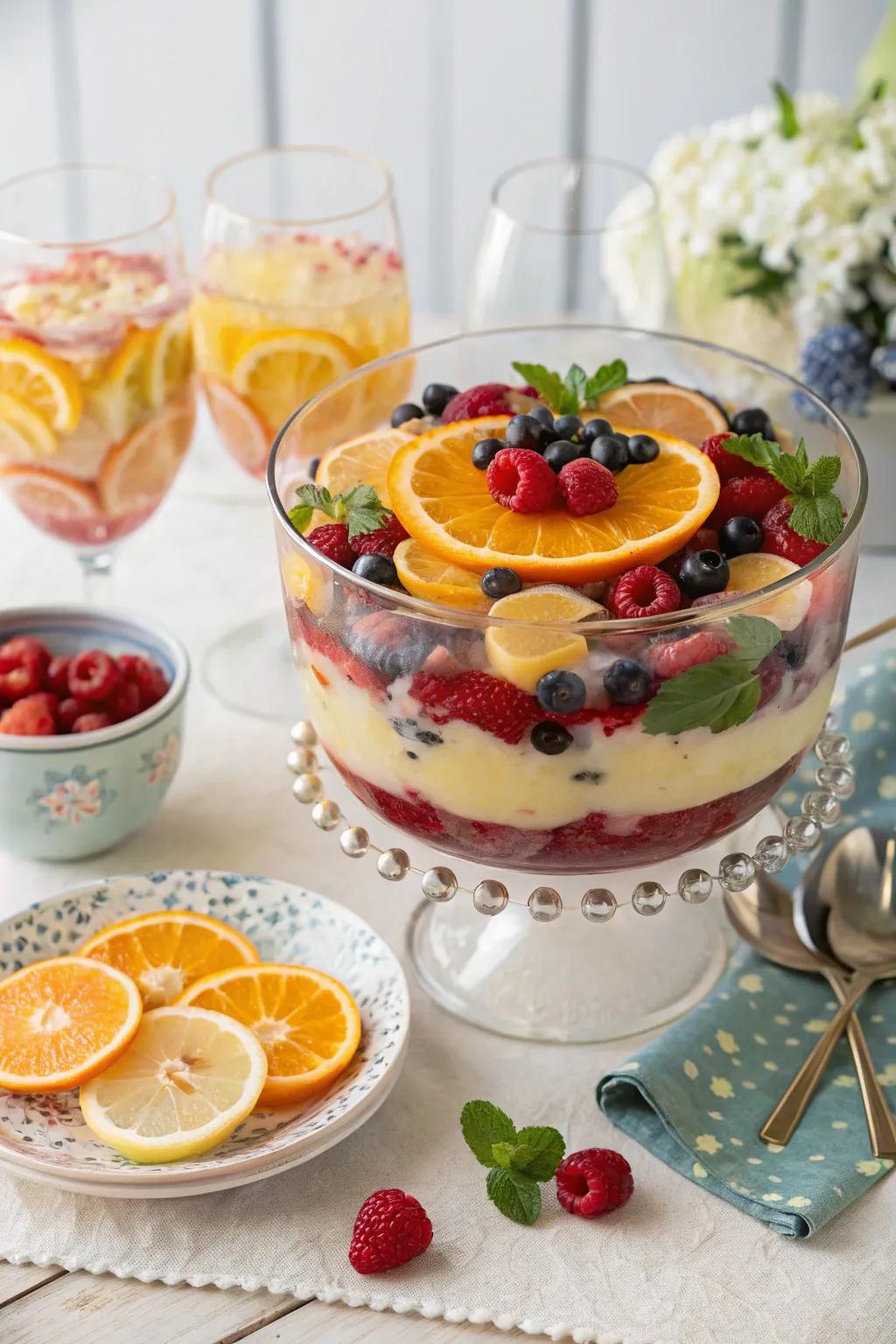 A dessert bowl takes the spotlight as a dazzling beverage hub at a party.