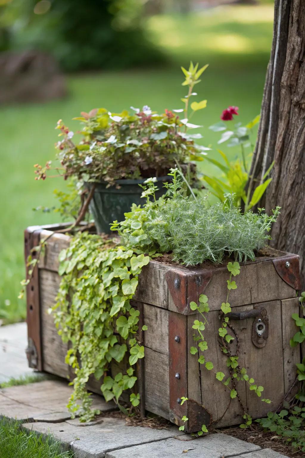A trunk repurposed as a unique planter, enriching the home with natural splendor.