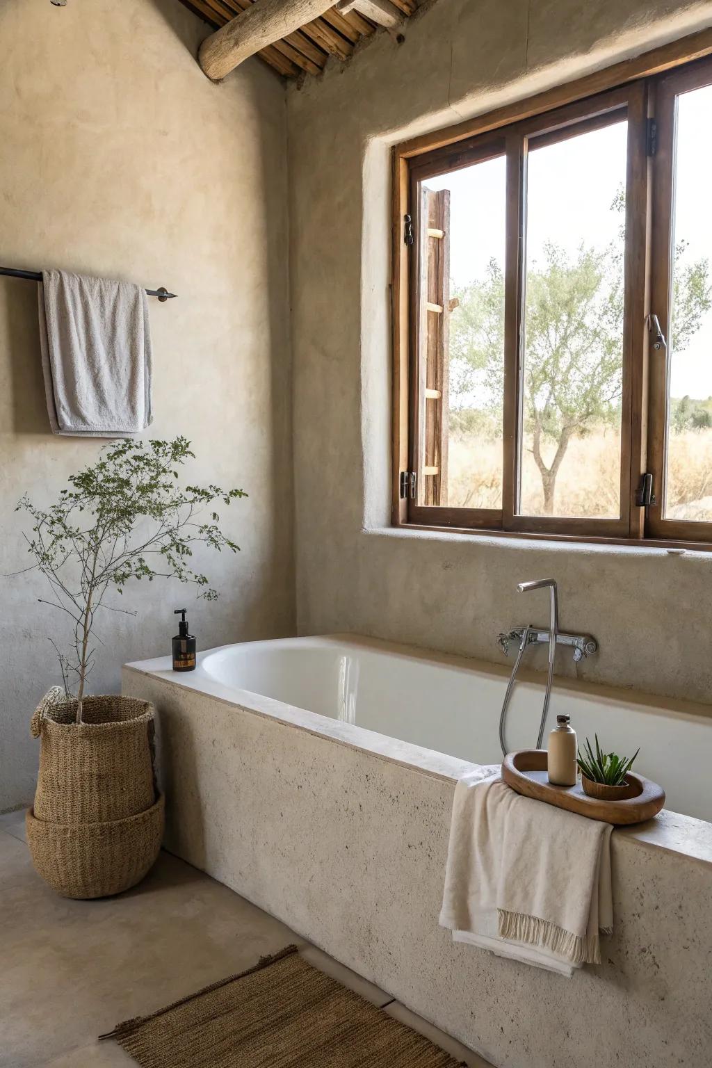 Essentialist ornamentation around the tub establishes a serene and tranquil atmosphere.