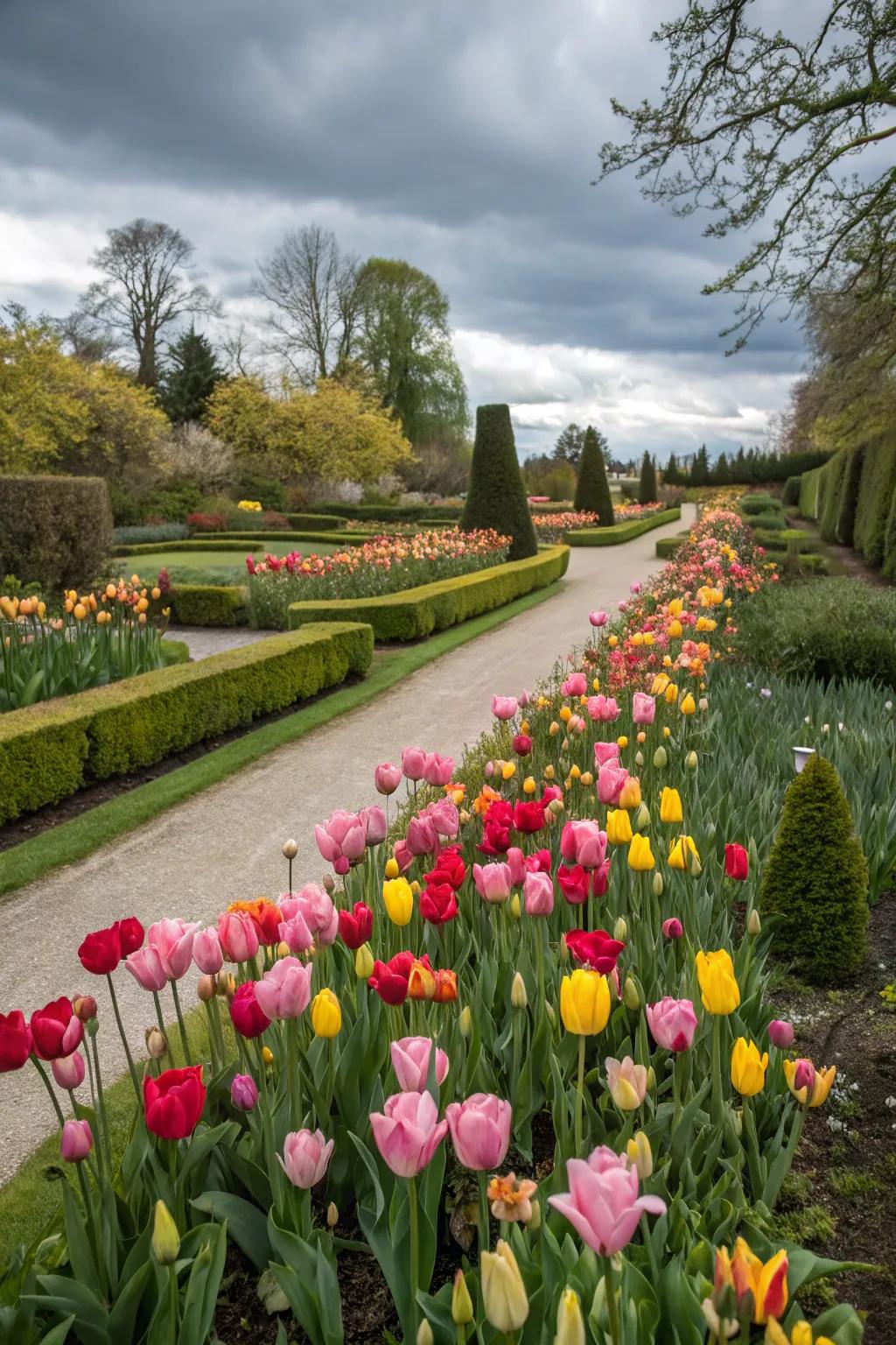 A garden celebrating spring with tulips as the centerpiece, heralding a new season of growth.