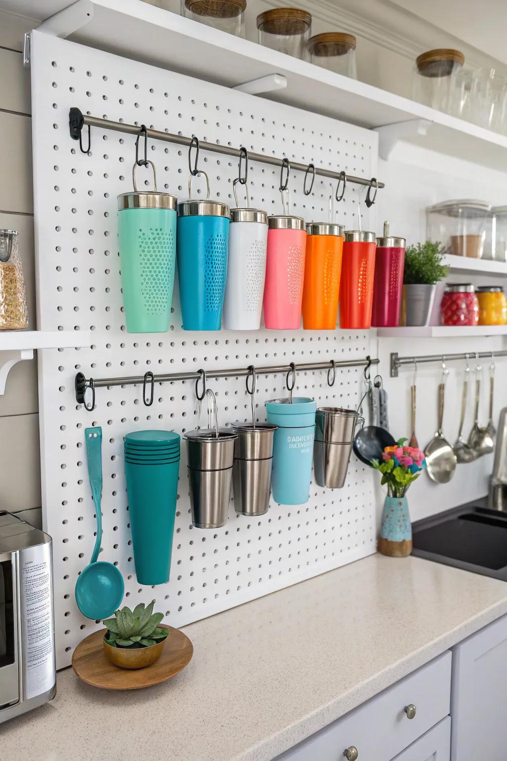 Perforated board wall providing adaptable tumbler storage.