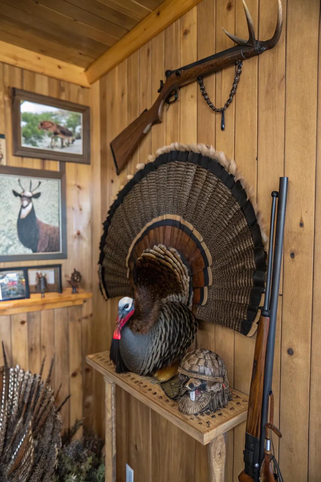 Beards and spurs add extra charm to a turkey fan display.