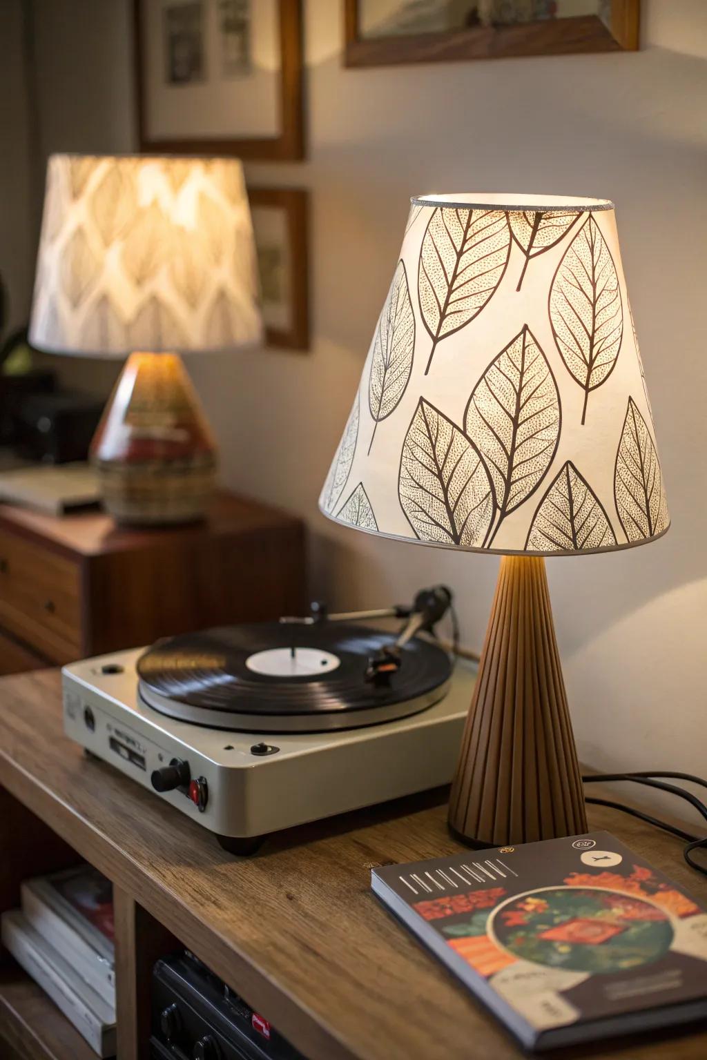 An ornamental lamp adding character to a record player setup.