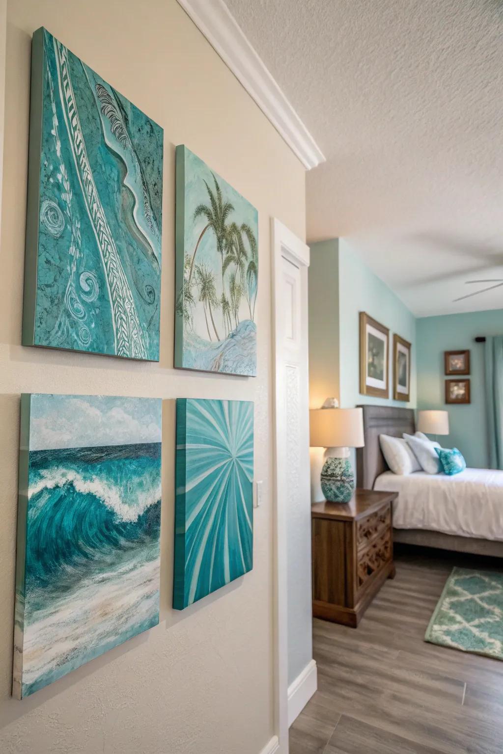 Conceptual artwork featuring turquoise tints amplifies the dimension and appeal within this bedroom.
