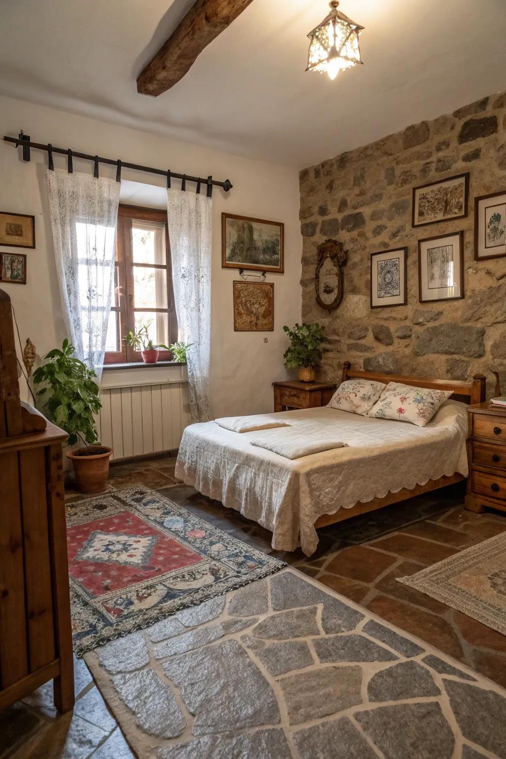 Stone underlayment appends a countryside and authentic hint to your bedroom.