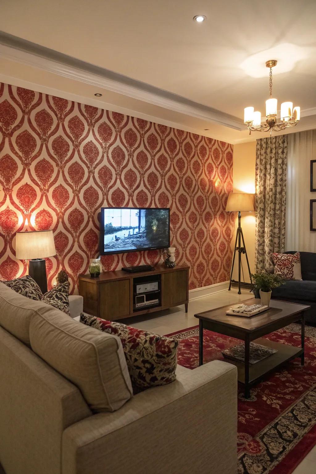 Patterned wallcoverings infuse dynamic texture into this TV feature wall.