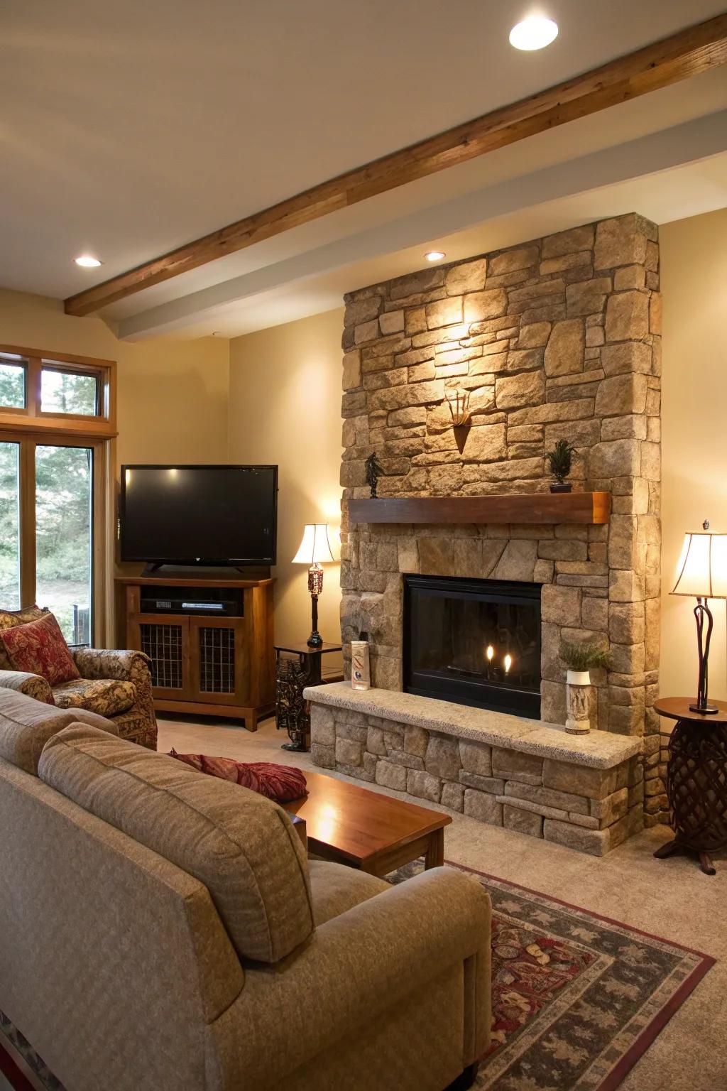 A living room TV wall showcasing a natural stone feature for a touch of organic beauty.