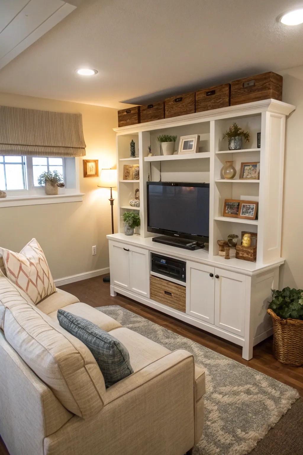Efficient space utilization by embedding the TV into existing furnishings.
