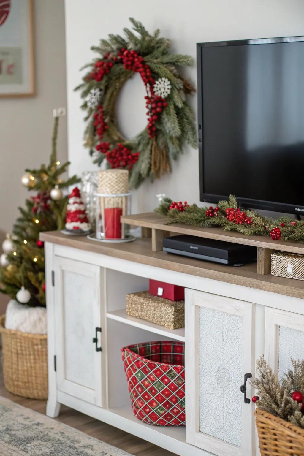 Seasonal décor keeps your TV stand fresh and festive.