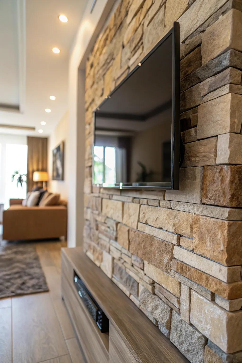 Textured walls enhance the dimension of this TV wall.