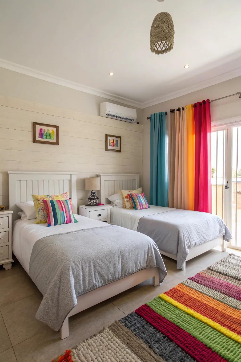 A mix of neutral shades and vibrant accents in a twin bedroom.