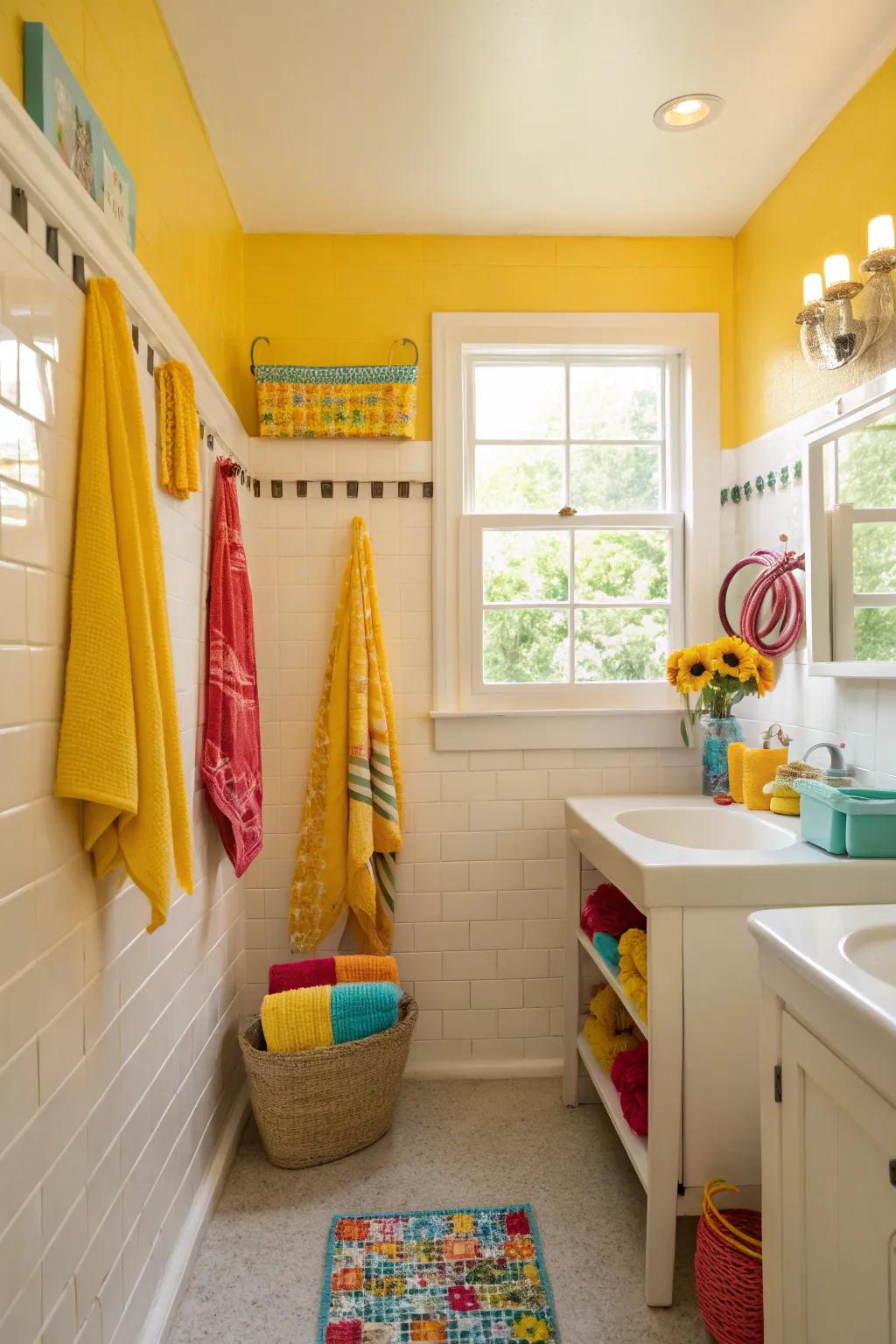 A joyful sunshine yellow and white two-tone wall scheme that brings cheer to the space.