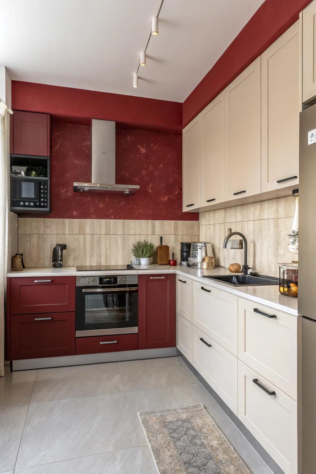 The vibrant crimson accent wall invigorates the culinary space.