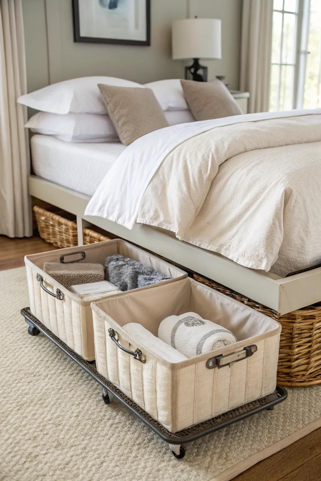 Store linens in style with elegant wheeled baskets.