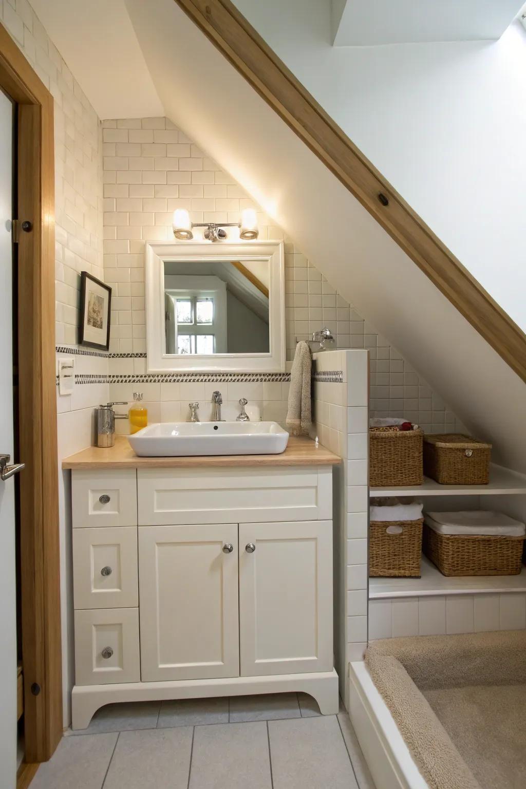 A restroom under the staircase showcasing a custom-fit vanity under a sloping ceiling.