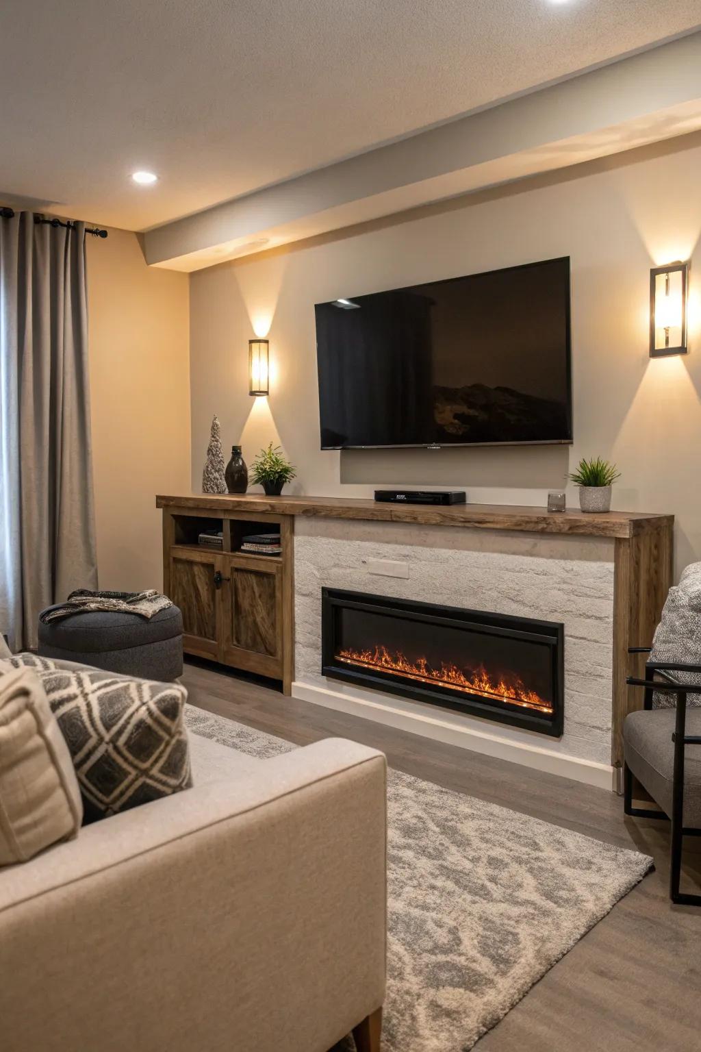 A hearth beneath your television provides warmth and a cozy ambiance.
