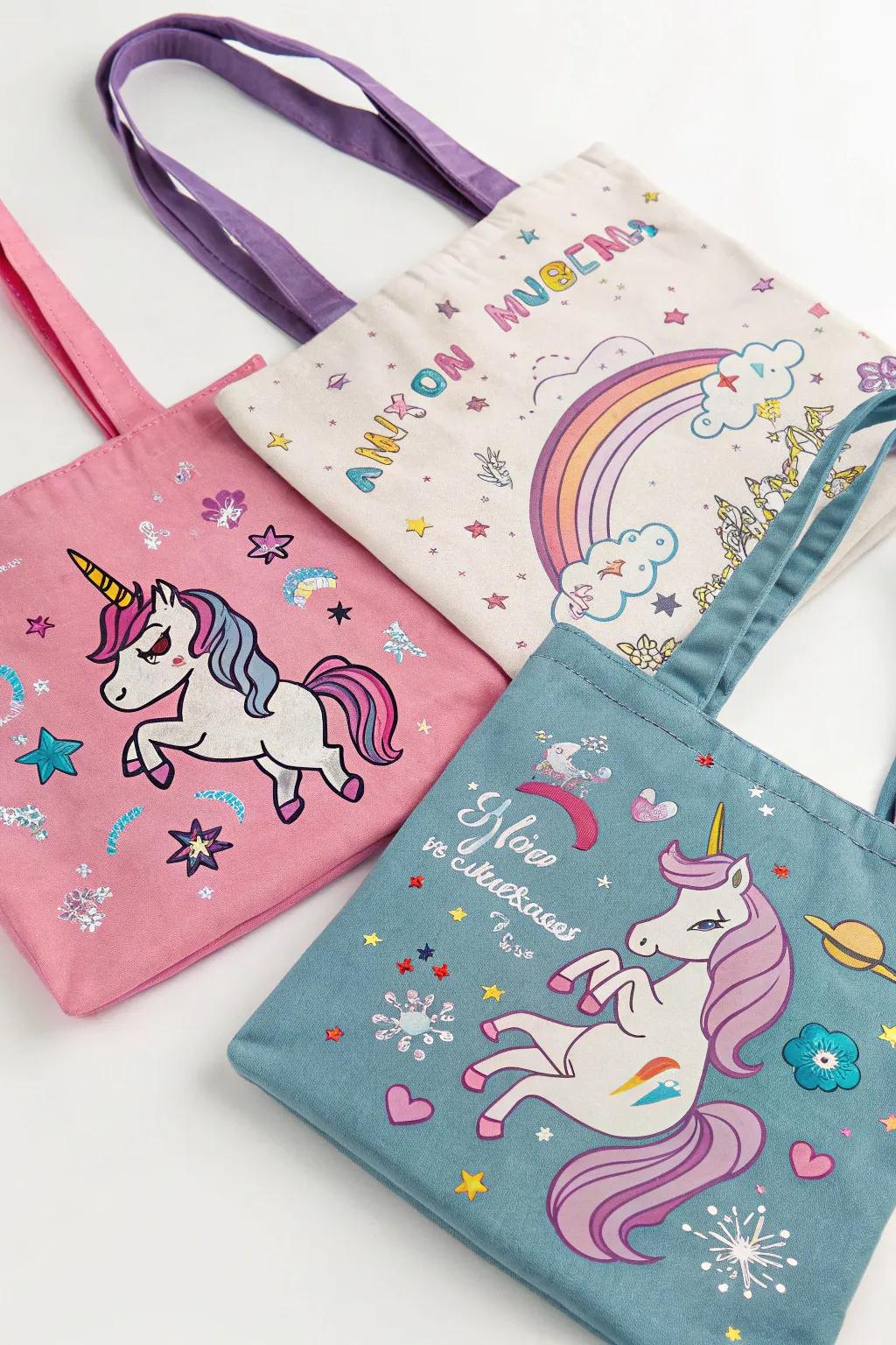 Eco-conscious unicorn fabric bags that guests will cherish.