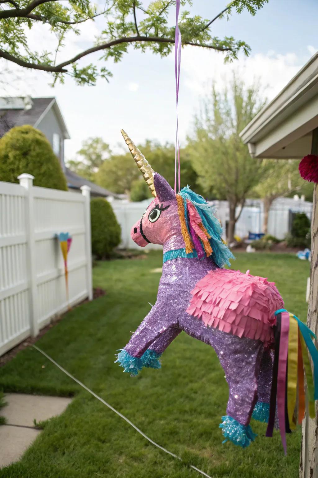 A DIY unicorn piñata primed for party revelry.