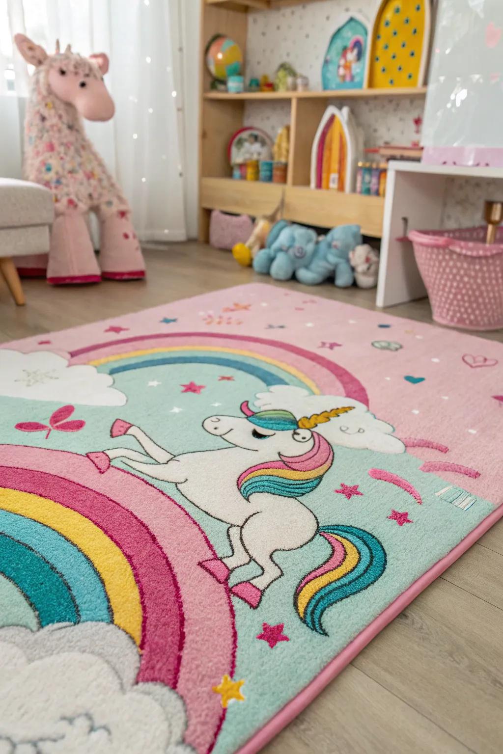 A whimsical rug completes the magical creature room's enchanting vibe.