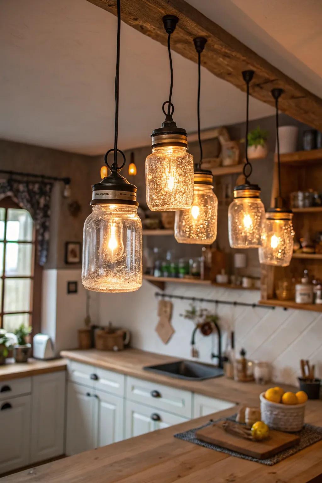 Charming conserve jar lamps, casting a snug radiance.